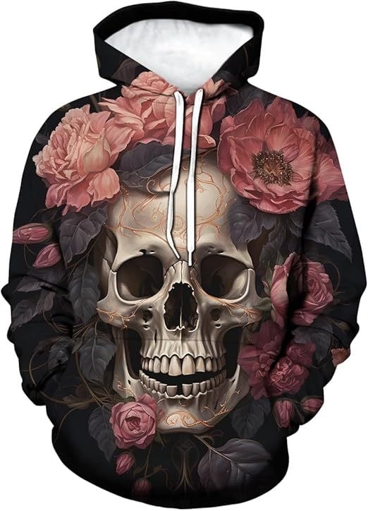 Мъжки дълъг ръкав качулка суитшърт с 3D дигитален принт на костен череп, свободна кройка, полиестерова тъкан, триизмерен джоб