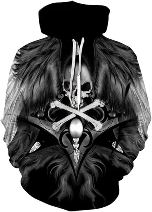 Мъжки дълъг ръкав качулка суитшърт с 3D дигитален принт на костен череп, свободна кройка, полиестерова тъкан, триизмерен джоб