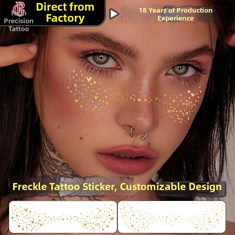 Стикери за татуировка с лунички и позлата – техника: воден трансферен печат; дизайн с позлатено фолио; водоустойчиви и против изпотяване; печатано лого; полу-ръчен и полу-механичен процес