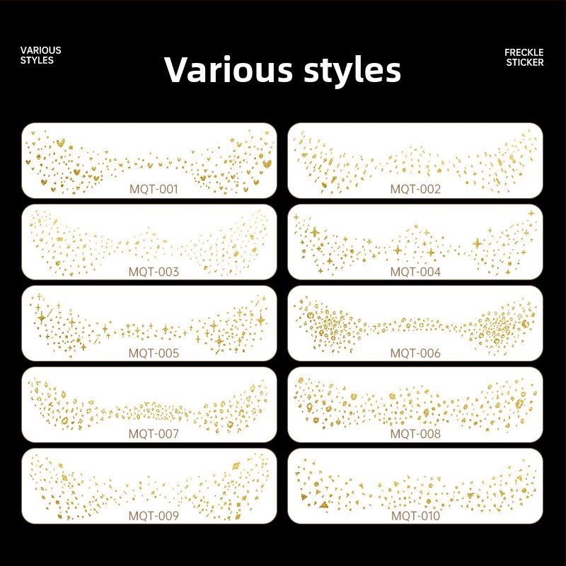Стикери за татуировка с лунички и позлата – техника: воден трансферен печат; дизайн с позлатено фолио; водоустойчиви и против изпотяване; печатано лого; полу-ръчен и полу-механичен процес