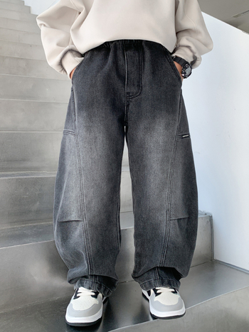 Дънкови дънки за момчета в корейски стил, средна талия, с ластична лента, 81.2% памук, 15.4% полиестер, 3.4% спандекс