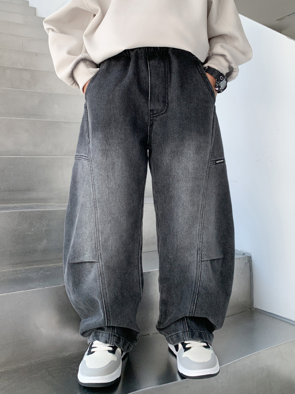 Дънкови дънки за момчета в корейски стил, средна талия, с ластична лента, 81.2% памук, 15.4% полиестер, 3.4% спандекс