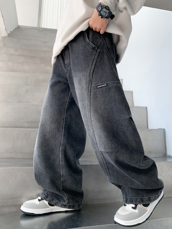 Дънкови дънки за момчета в корейски стил, средна талия, с ластична лента, 81.2% памук, 15.4% полиестер, 3.4% спандекс