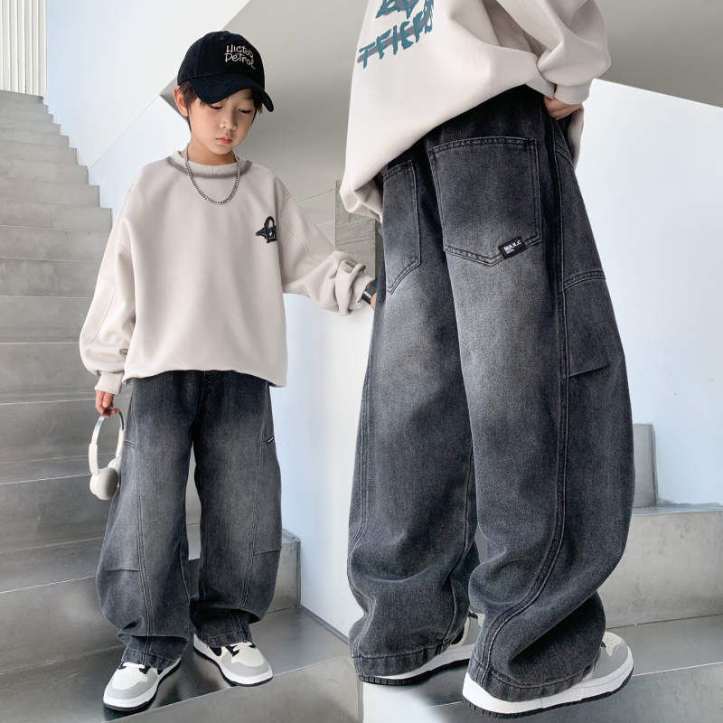 Дънкови дънки за момчета в корейски стил, средна талия, с ластична лента, 81.2% памук, 15.4% полиестер, 3.4% спандекс