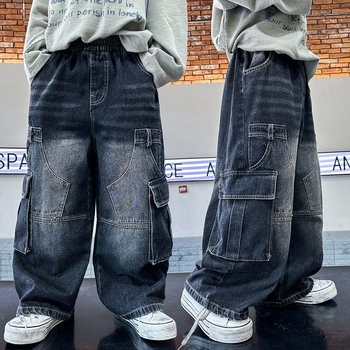 Детски дънкови панталони, корейски стил, права свободна кройка, големи джобове, средна талия с гумен колан, за пролет-есен