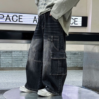 Детски дънкови панталони, корейски стил, права свободна кройка, големи джобове, средна талия с гумен колан, за пролет-есен