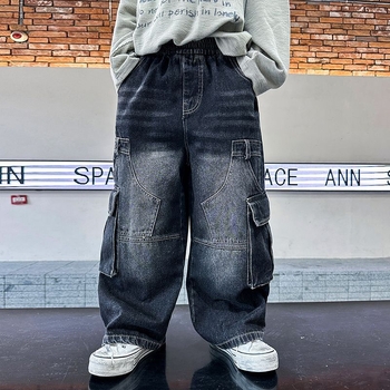 Детски дънкови панталони, корейски стил, права свободна кройка, големи джобове, средна талия с гумен колан, за пролет-есен