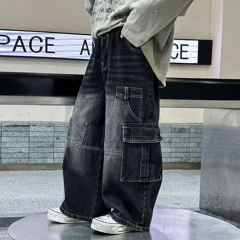 Zēnu denim džinsi, korejiešu stilā, taisa brīva piegriezums, lielas kabatas, viduklis ar elastīgu jostu