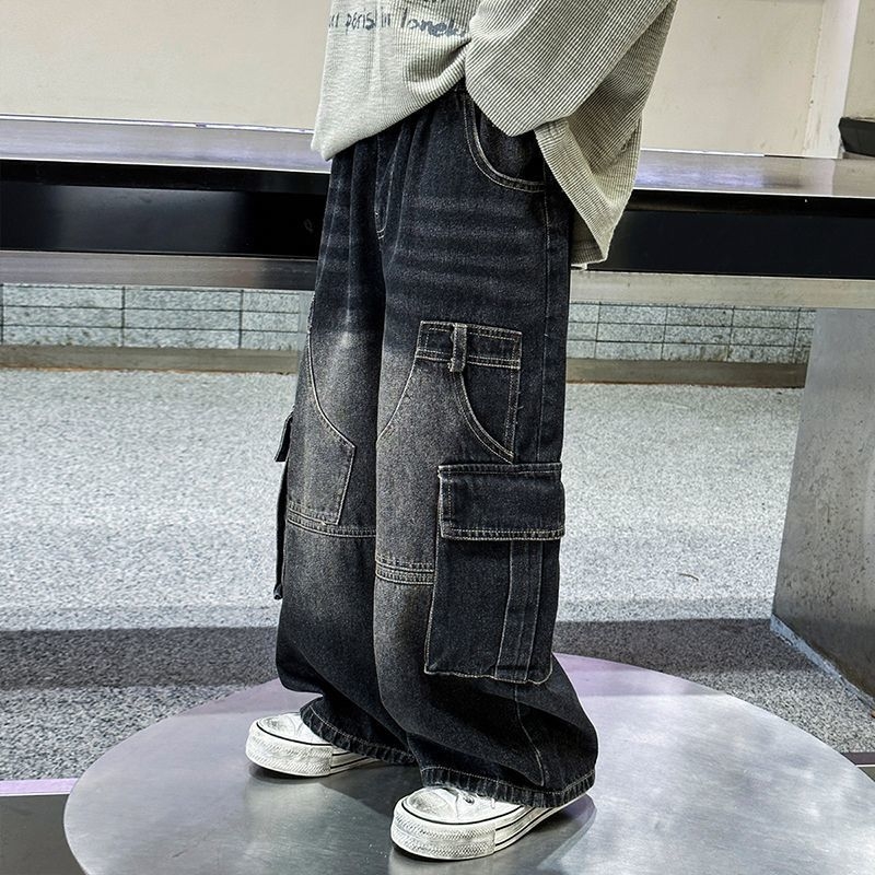 Zēnu denim džinsi, korejiešu stilā, taisa brīva piegriezums, lielas kabatas, viduklis ar elastīgu jostu