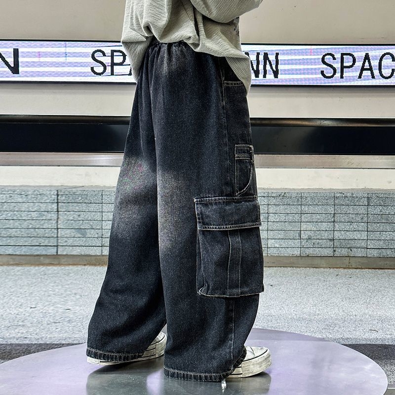 Zēnu denim džinsi, korejiešu stilā, taisa brīva piegriezums, lielas kabatas, viduklis ar elastīgu jostu