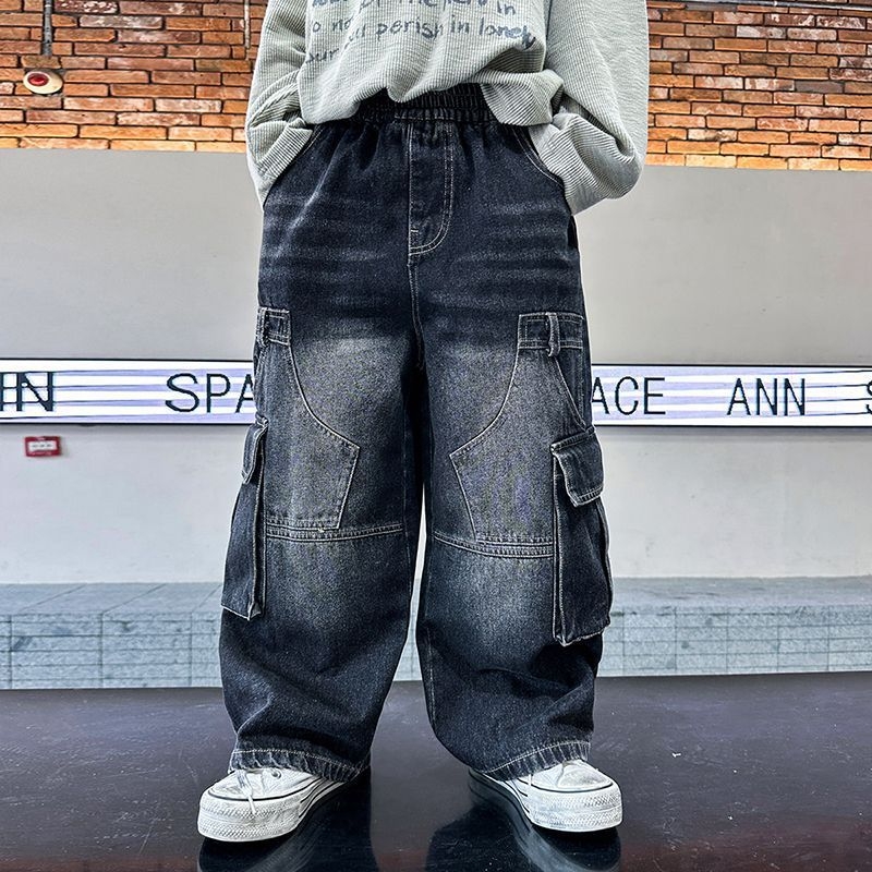 Zēnu denim džinsi, korejiešu stilā, taisa brīva piegriezums, lielas kabatas, viduklis ar elastīgu jostu