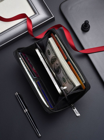 Vyrinė ilga piniginė su užtrauktuku, PU medžiaga, dviejų plokščių dizainas, verslo stilius, vieno spalvos raštas, poliesterio įdaila