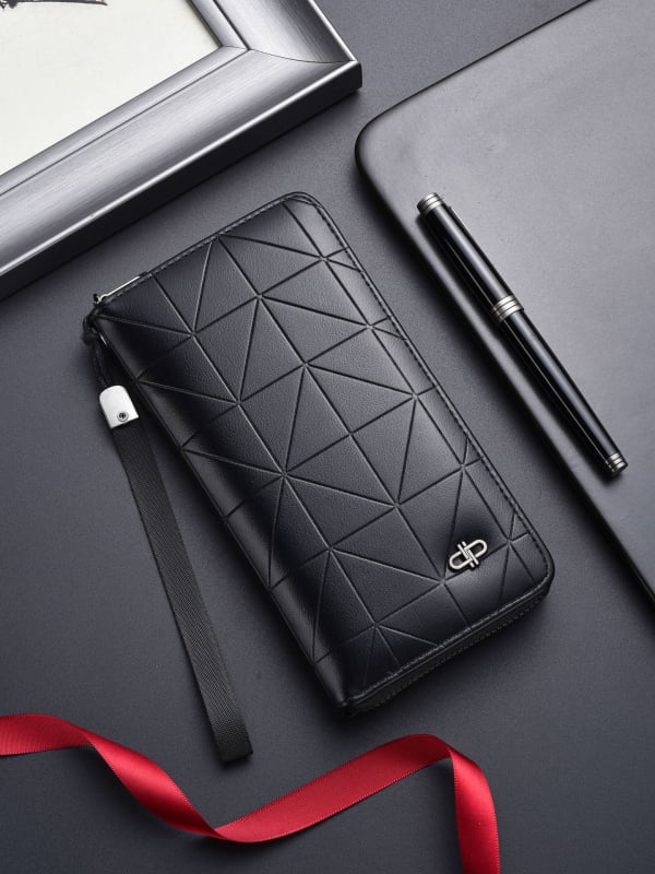 Vyrinė ilga piniginė su užtrauktuku, PU medžiaga, dviejų plokščių dizainas, verslo stilius, vieno spalvos raštas, poliesterio įdaila
