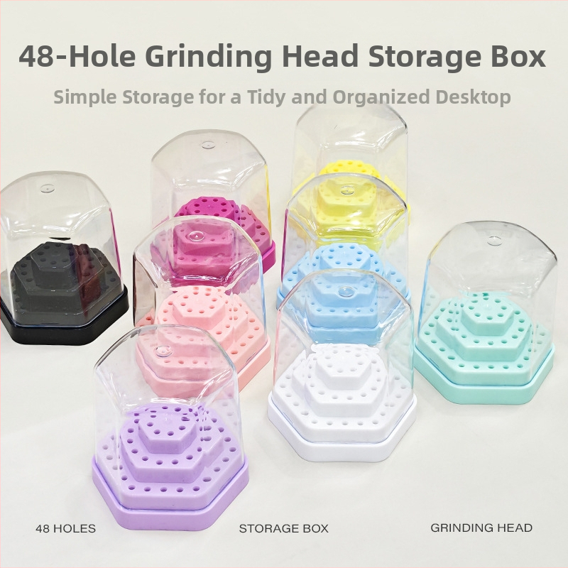 Hexagonaalne plastikust hoiukarp ja näidistu alus küünenahkade puurpeade jaoks, 48 ava