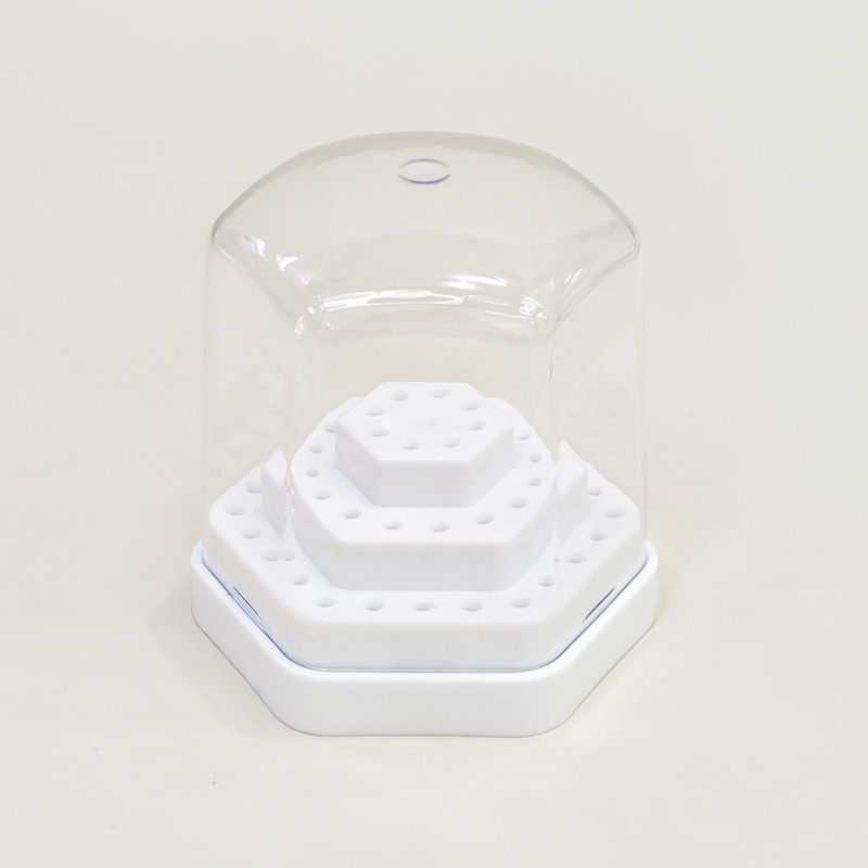 Hexagonaalne plastikust hoiukarp ja näidistu alus küünenahkade puurpeade jaoks, 48 ava