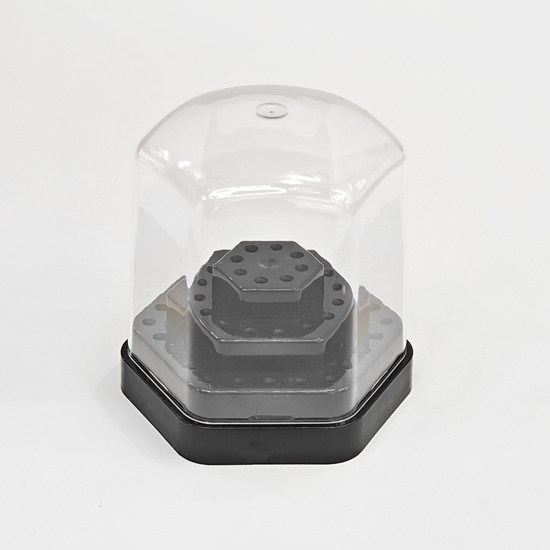 Hexagonaalne plastikust hoiukarp ja näidistu alus küünenahkade puurpeade jaoks, 48 ava