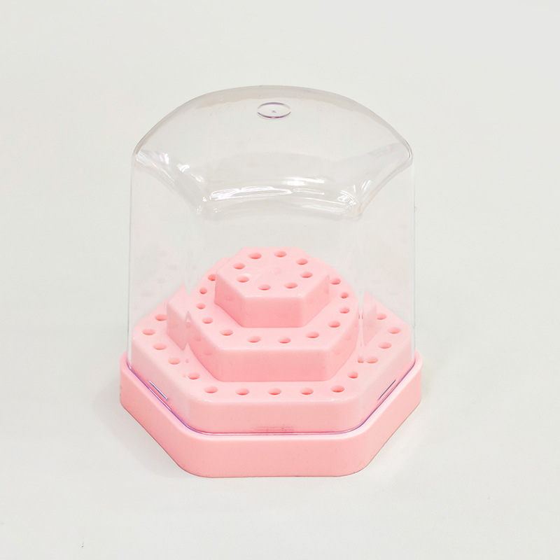 Hexagonaalne plastikust hoiukarp ja näidistu alus küünenahkade puurpeade jaoks, 48 ava