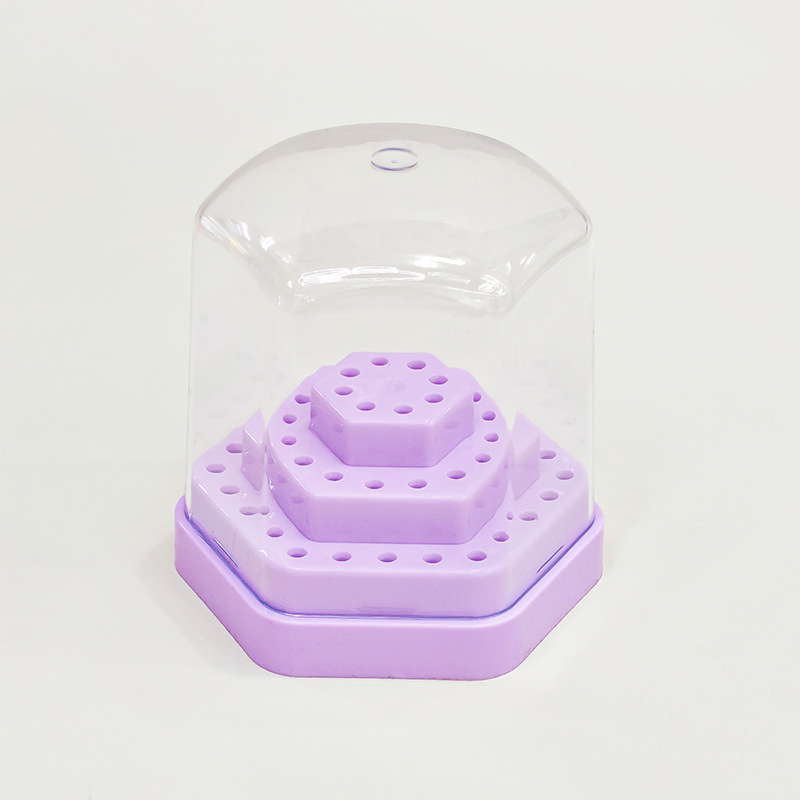 Hexagonaalne plastikust hoiukarp ja näidistu alus küünenahkade puurpeade jaoks, 48 ava