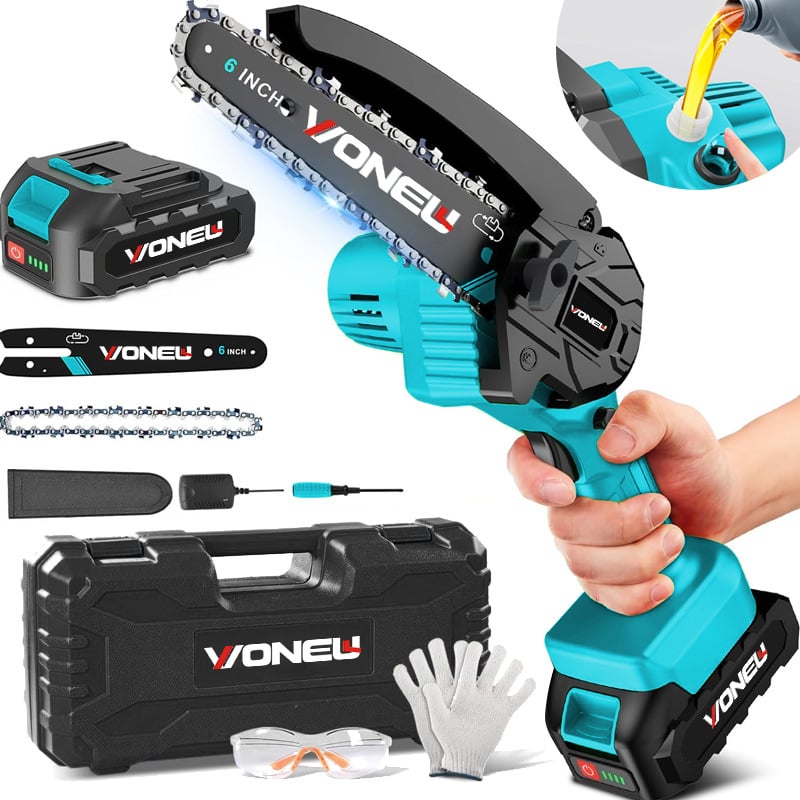 Elektriskā ķēdes zāģis ar uzlādējamu litija bateriju, 21V, kaltas tērauda ķēde