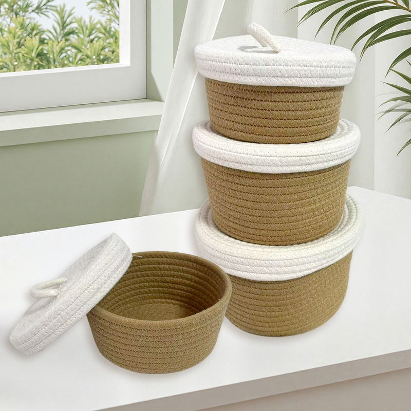 Hoiukorv koos kaanega-01, puuvillane lõng, kaasaegne minimalistlik stiil, sobib aluspesule, kaugjuhtimispultidele, kontoritarveteks, kosmeetikale ja ehete ning kaablite jaoks