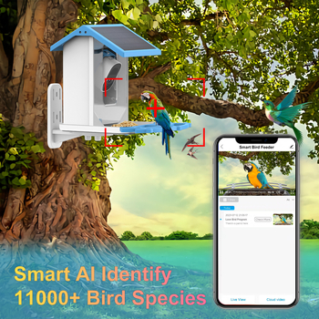 Интелигентна хранилка за птици с AI разпознаване, камера 5MP и резолюция 2.5K, за външна употреба, управление чрез приложение, разглобяема, вградена 5000mAh батерия