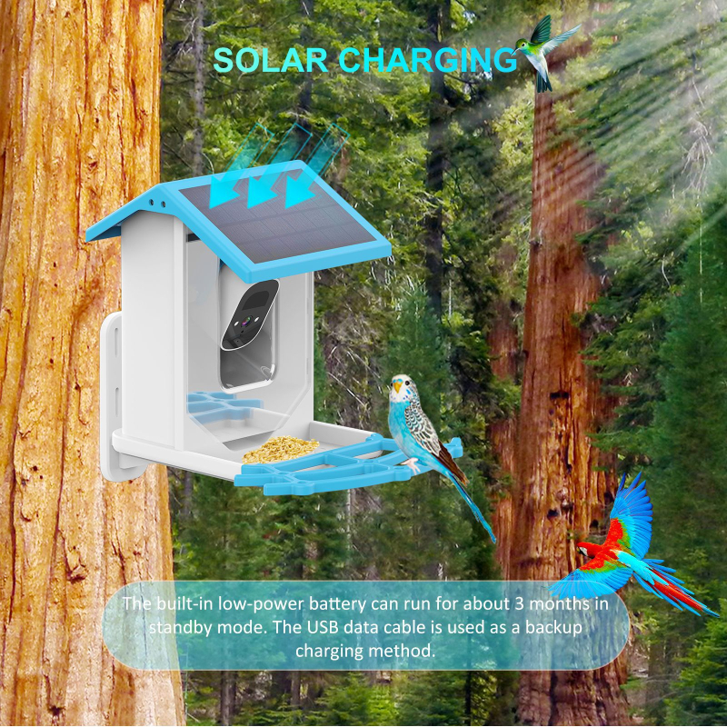 Интелигентна хранилка за птици с AI разпознаване, камера 5MP и резолюция 2.5K, за външна употреба, управление чрез приложение, разглобяема, вградена 5000mAh батерия