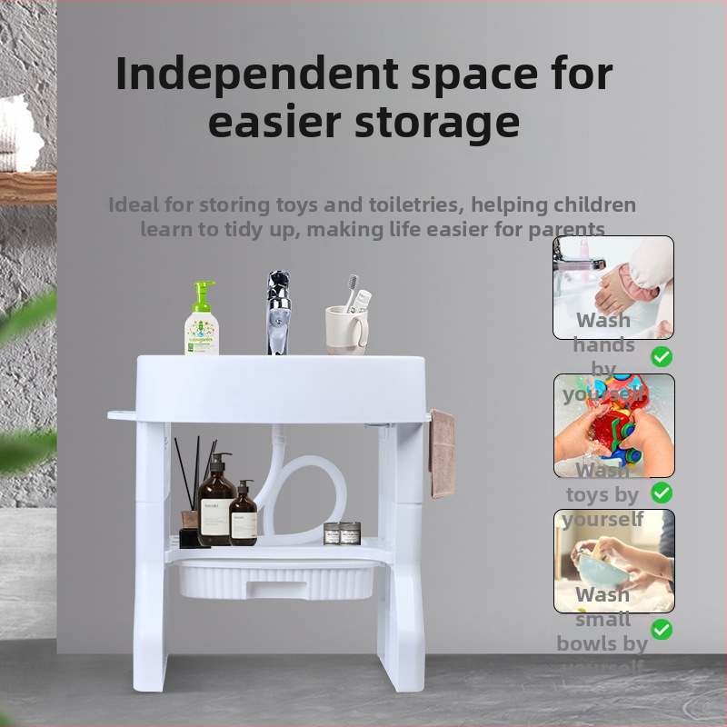 OUNINBEAR Bērnu stāvošā mazgāšanas izlietne — roku, sejas un zobu tīrīšanas apmācība; materiāls PP plastmasa; logotipa druka; pielāgošana; licencēta privātā zīme