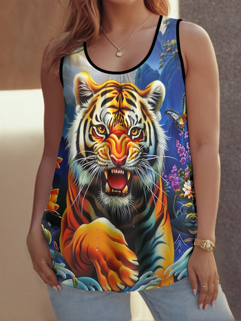 Женски безръкав топ с 3D дигитален принт, полиестер с еластан, кръгло деколте, свободен силует, пролет 2025, японско-кореиски стил casual