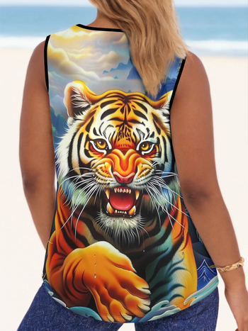 Женски безръкав топ с 3D дигитален принт, полиестер с еластан, кръгло деколте, свободен силует, пролет 2025, японско-кореиски стил casual