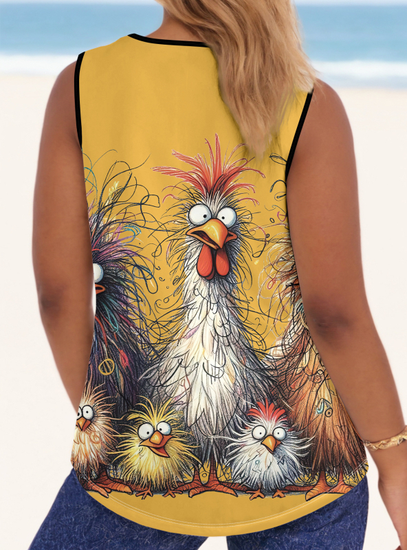 Женски безръкав топ с 3D дигитален принт, полиестер с еластан, кръгло деколте, свободен силует, пролет 2025, японско-кореиски стил casual