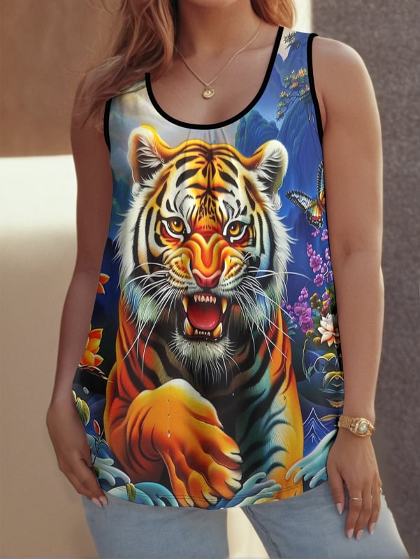 Женски безръкав топ с 3D дигитален принт, полиестер с еластан, кръгло деколте, свободен силует, пролет 2025, японско-кореиски стил casual