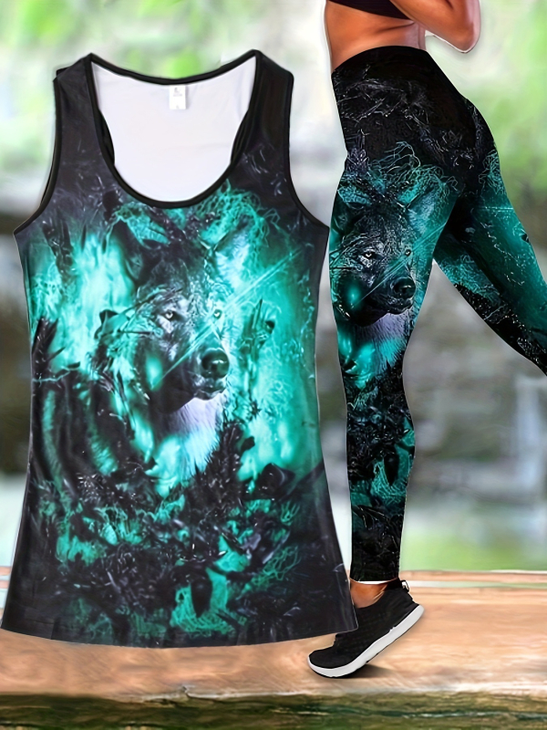 3D принтиран топ с прорезен дизайн и панталони — двучастов комплект за момичета, спорт/йога и фитнес, полиестер и млечна коприна, пролет 2024