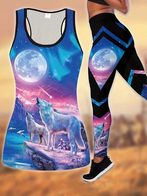 3D принтиран топ с прорезен дизайн и панталони — двучастов комплект за момичета, спорт/йога и фитнес, полиестер и млечна коприна, пролет 2024