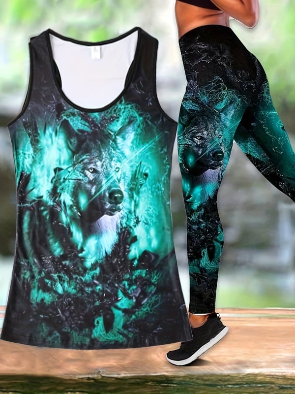 3D принтиран топ с прорезен дизайн и панталони — двучастов комплект за момичета, спорт/йога и фитнес, полиестер и млечна коприна, пролет 2024