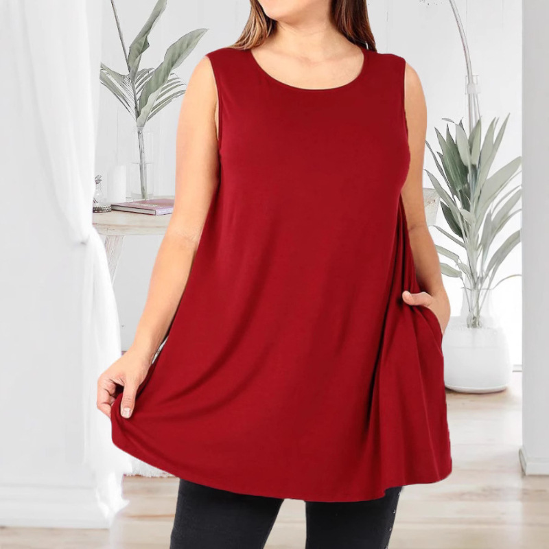 Дамски безръкав топ-жилет, пуловер стил, кръгло деколте, едноцветен модел, полиестер-спандекс смес
