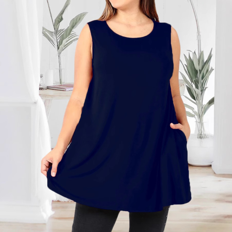 Дамски безръкав топ-жилет, пуловер стил, кръгло деколте, едноцветен модел, полиестер-спандекс смес