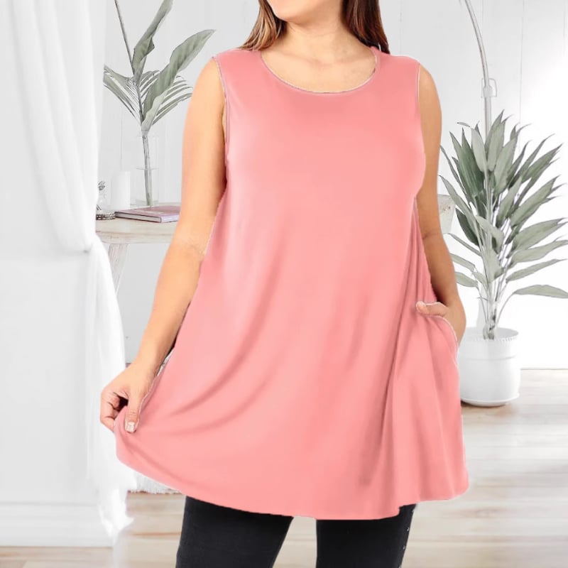 Дамски безръкав топ-жилет, пуловер стил, кръгло деколте, едноцветен модел, полиестер-спандекс смес