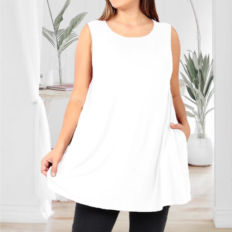 Дамски безръкав топ-жилет, пуловер стил, кръгло деколте, едноцветен модел, полиестер-спандекс смес