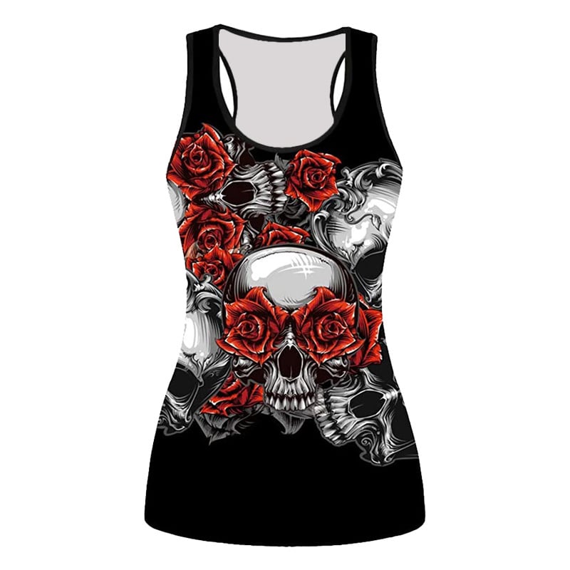 Безръкавна тениска с 3D принт на череп с рози — тясна кройка, полиестер