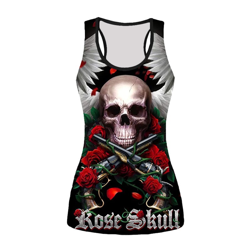 Безръкавна тениска с 3D принт на череп с рози — тясна кройка, полиестер