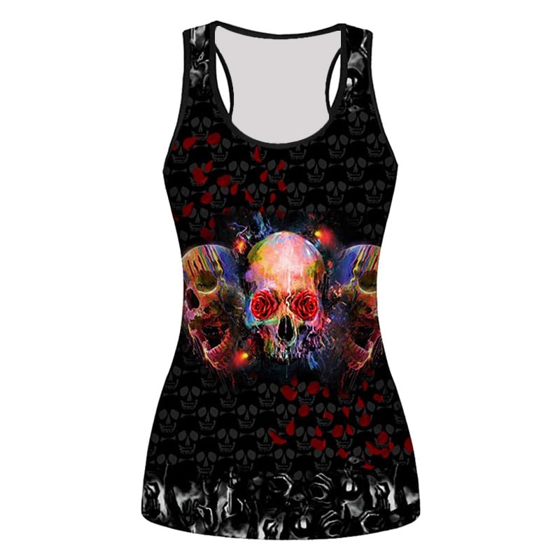 Безръкавна тениска с 3D принт на череп с рози — тясна кройка, полиестер
