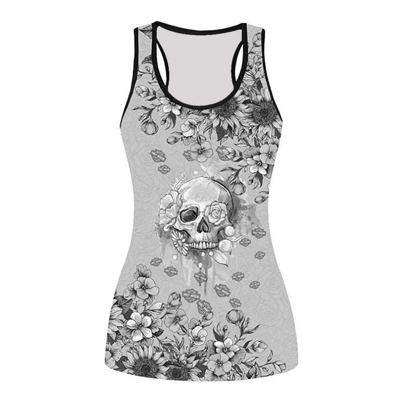 Безръкавна тениска с 3D принт на череп с рози — тясна кройка, полиестер