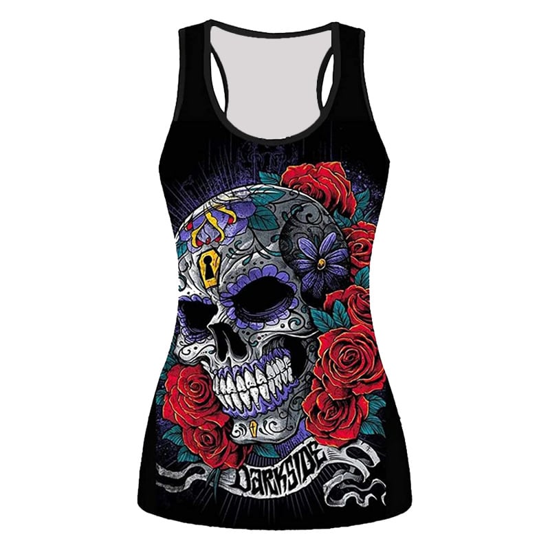 Безръкавна тениска с 3D принт на череп с рози — тясна кройка, полиестер