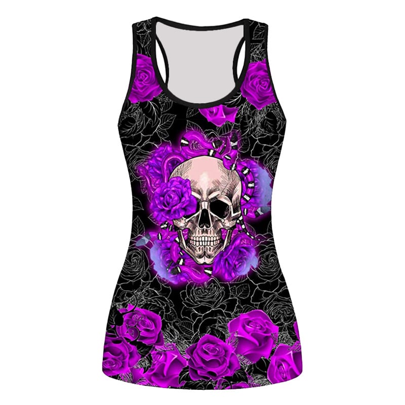 Безръкавна тениска с 3D принт на череп с рози — тясна кройка, полиестер