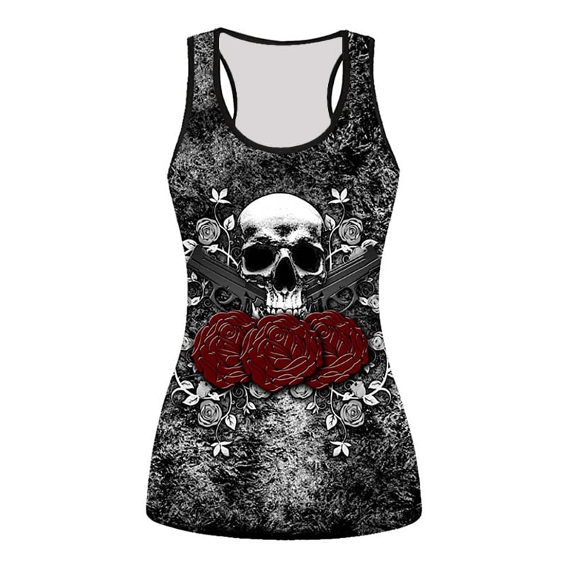 Безръкавна тениска с 3D принт на череп с рози — тясна кройка, полиестер
