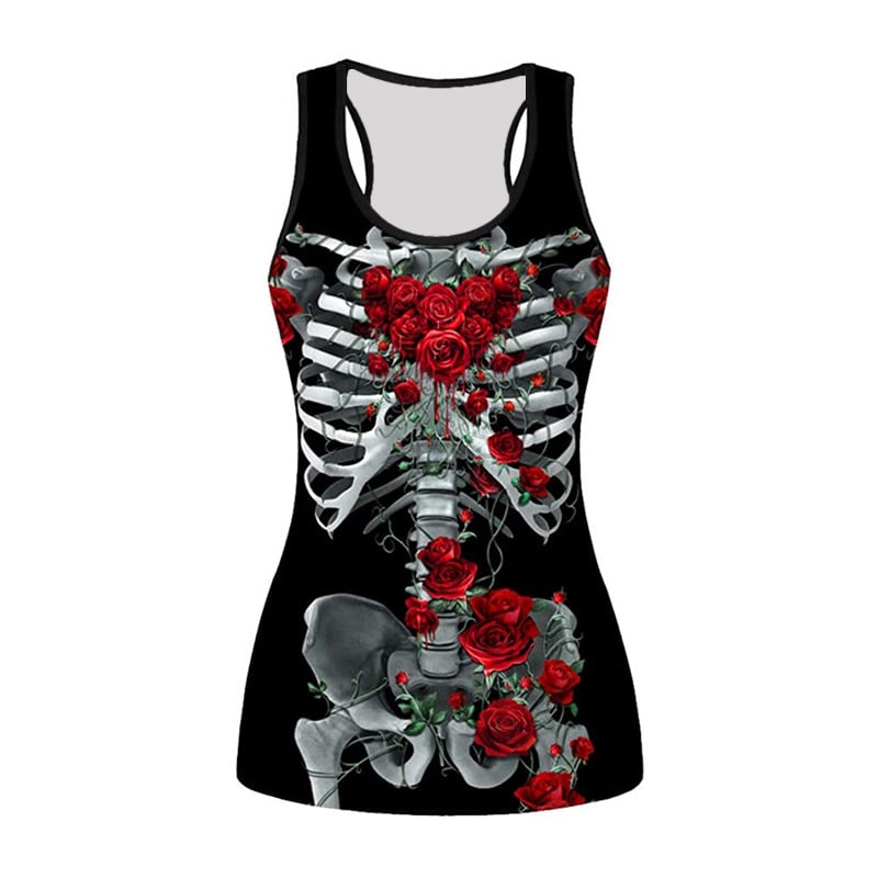 Безръкавна тениска с 3D принт на череп с рози — тясна кройка, полиестер
