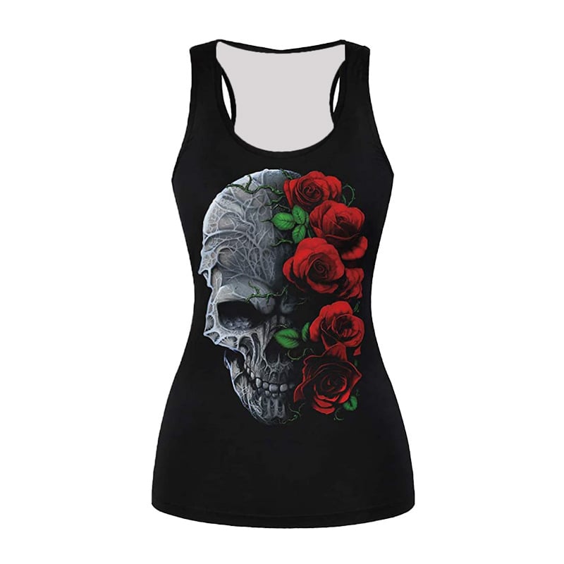 Безръкавна тениска с 3D принт на череп с рози — тясна кройка, полиестер