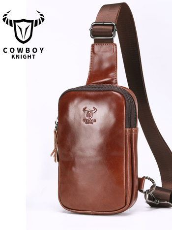 Мъжка Chest Bag, първокласна телешка кожа, уличен стил, водоустойчива и ултра лека, джоб за лаптоп с полиестерна подплата