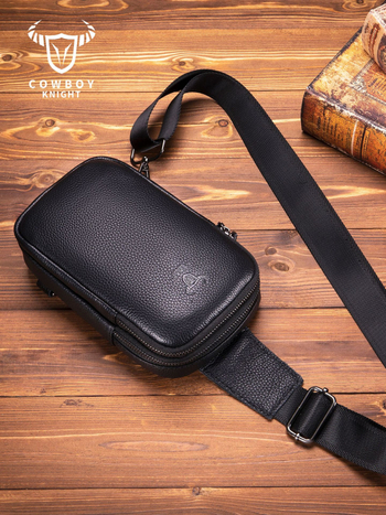 Мъжка Chest Bag, първокласна телешка кожа, уличен стил, водоустойчива и ултра лека, джоб за лаптоп с полиестерна подплата