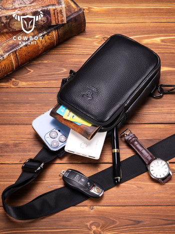 Мъжка Chest Bag, първокласна телешка кожа, уличен стил, водоустойчива и ултра лека, джоб за лаптоп с полиестерна подплата